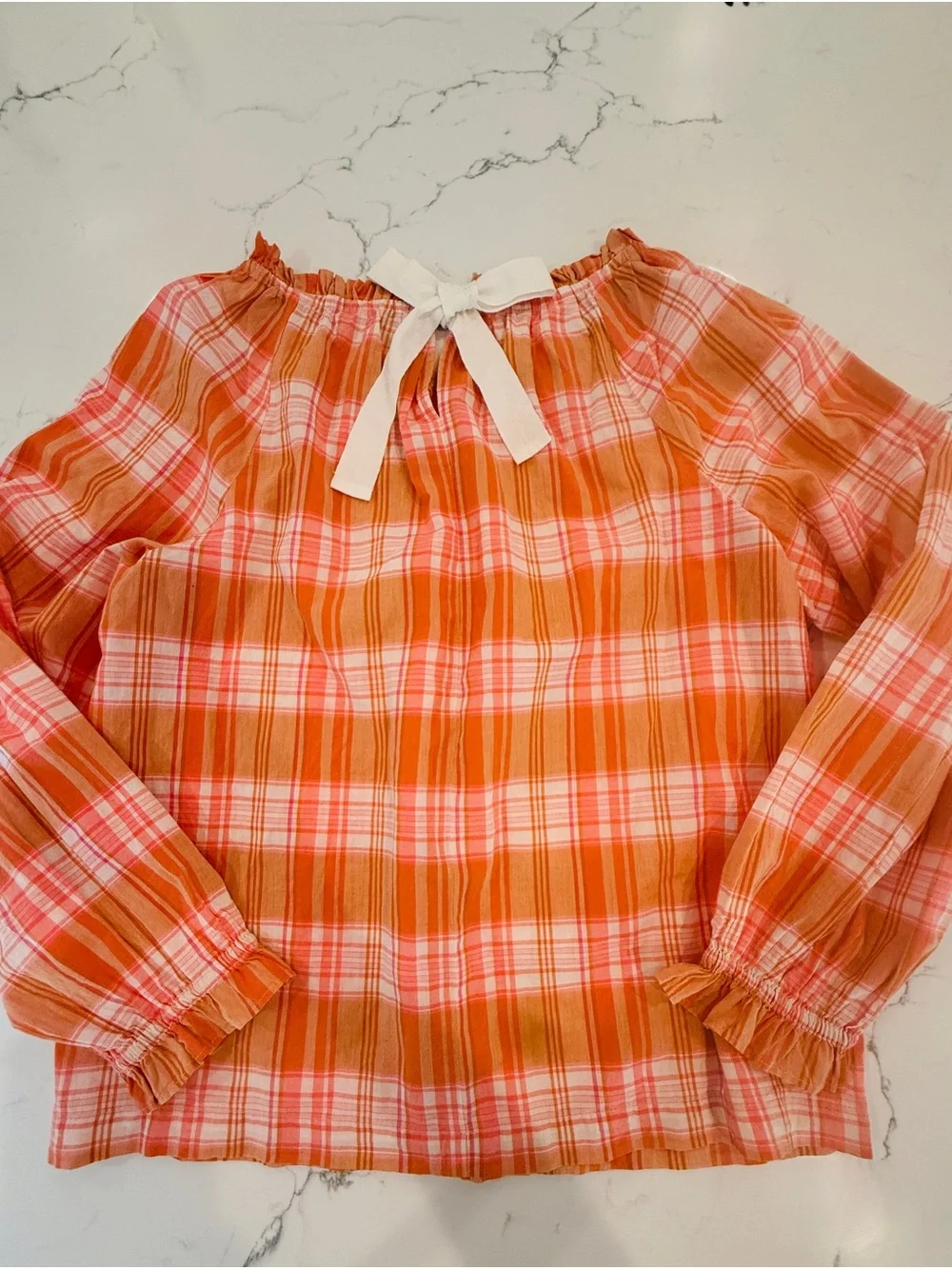 J. Crew Orange and White Plaid Blouse with ribbon tie-back size S